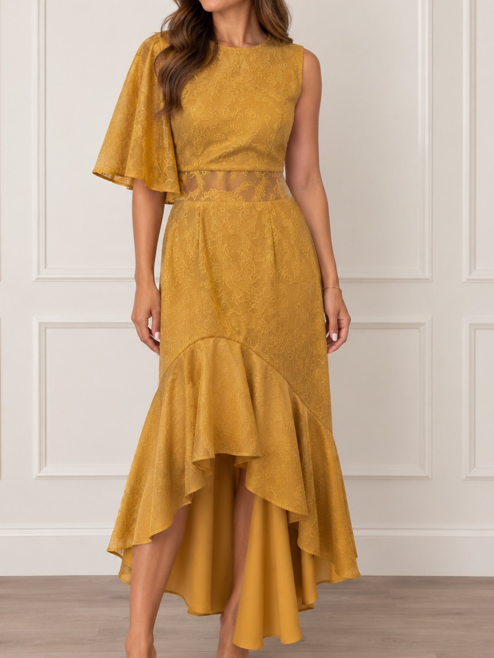 Elegant Mustard One-Shoulder High-Low Lace Cocktail Dress